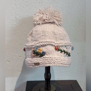 Handmade in Nepal Elegant Blush Pink Knit Hat with Floral Embroidery 100% Wool